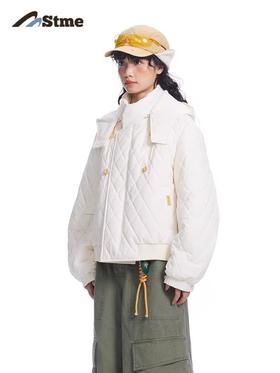 早乙女惠子saotome/STMMF244469/短款菱形格绗缝连帽棉服