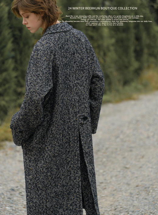 [特价]秘鲁进口羊驼毛澳毛彩点人字纹大衣 黑白/棕驼 商品图0