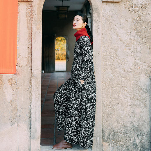 绽放003-004朵/提花复合双层棉新中式斜襟长袖衬衫宽松阔腿裤套装 商品图1