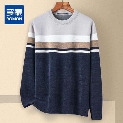 【加绒加厚】罗蒙男士秋冬撞色横条加绒加厚男毛衣保暖舒适男士针织衫 商品图0