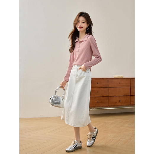 【年终特卖】熙世界法式POLO领粉色T恤女长袖2025春秋新款肌理感针织体恤上衣 商品图3