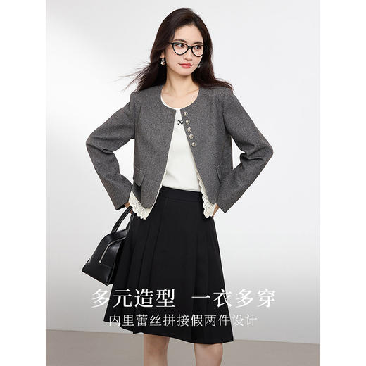 【专属特价】熙世界灰色小香风外套女短款2025春秋新款高级感蕾丝拼接气质上衣 商品图1