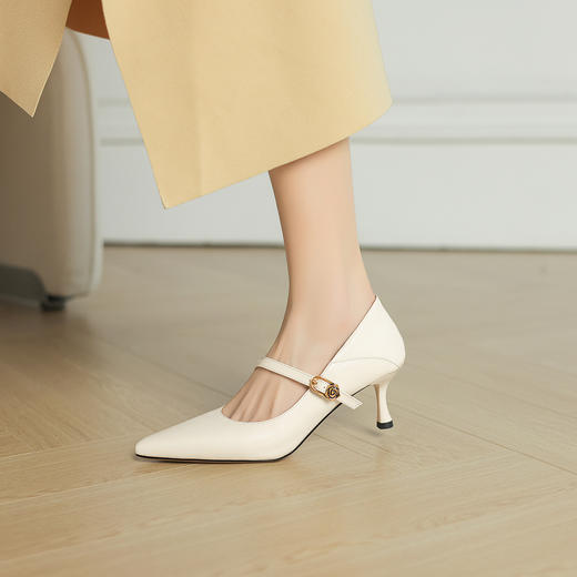 阿么手工女鞋真皮细跟高跟鞋不掉跟一字带2025新款浅口单鞋女6CM 商品图3