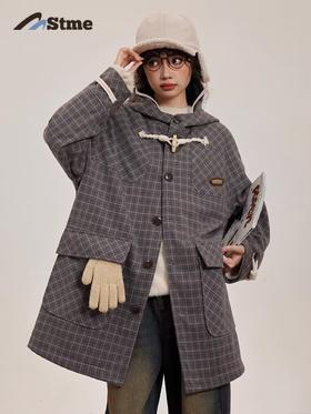 早乙女惠子saotome/STMDY243246/复古格纹牛角扣大衣