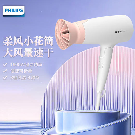 飞利浦PHILIPS电吹风机 BHD308 小花筒1600W大功率吹风筒 恒温护发3档温度 家用可折叠BHD309 商品图0