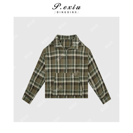 04-2潘依绣丁丁宠粉PanYiXiu/潘依绣100%棉撞色格纹半拉链立领连帽外套 W-62545 商品图1