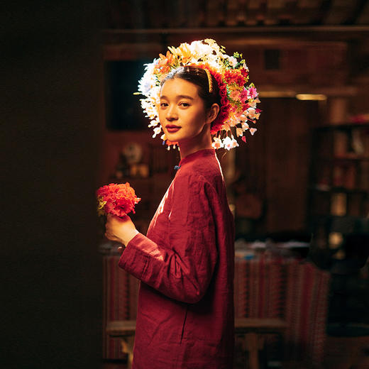 绽放001朵/冬季砂洗亚麻撞色盘扣年服新中式中长款棉服长袖连衣裙 商品图2