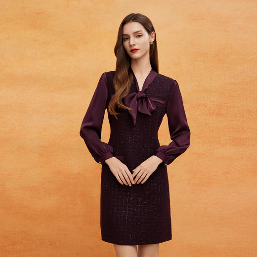 QE826斯尔丽25春季新款通勤时尚花纱小香风直身型领口飘带气质连衣裙 商品图0