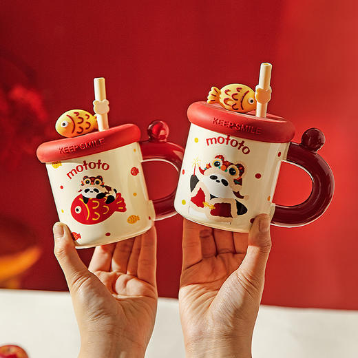 摩登主妇mototo熊猫带盖马克杯家用水杯女陶瓷杯新年礼物吸管杯子 商品图2