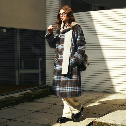 欧芮儿围巾款两穿格子双面呢大衣休闲气质 商品图1
