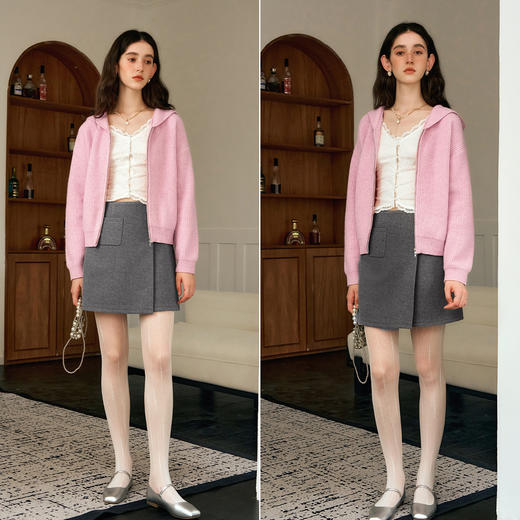 欧芮儿粉色连帽毛织开衫甜美温柔风 商品图4