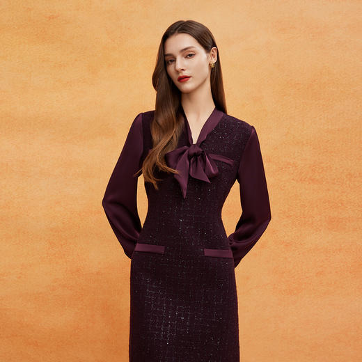 QE826斯尔丽25春季新款通勤时尚花纱小香风直身型领口飘带气质连衣裙 商品图4