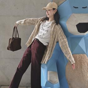 顺丰包邮34507洛诗琳春季新款清冷感经典格纹翻领亚麻衬衫女662