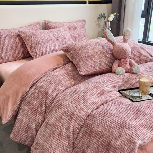 【一套约8.6斤重】秋冬御寒保暖加厚保暖针织兔毛条纹四件套 柔软亲肤不起静电套件 商品图6