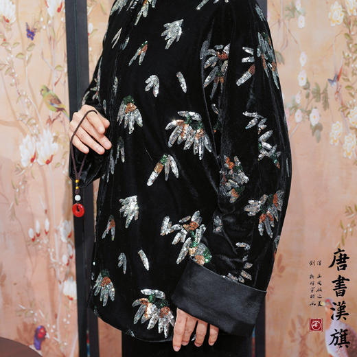 【花影如幻】秋冬丝绒黑色加棉新中式外套桑蚕丝羊驼绒棉服 商品图3