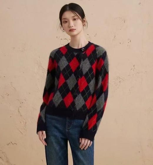 2024秋冬新款复古格纹罗纹圆领彩色宝石扣不对称撞色羊毛开衫！ 商品图0