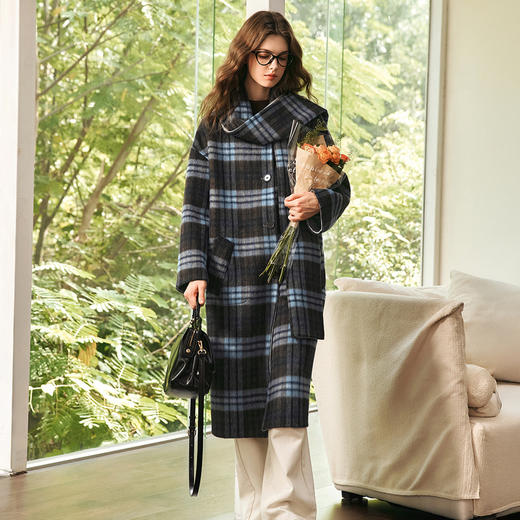 欧芮儿围巾款两穿格子双面呢大衣休闲气质 商品图0