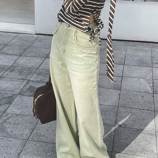 顺丰包邮33432洛诗琳色织定染复古毛边高腰直筒牛仔裤女480 商品图3