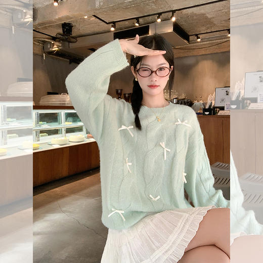 <曾小咸推荐>宽松套头蝴蝶结设计浅绿色针织衫 商品图0