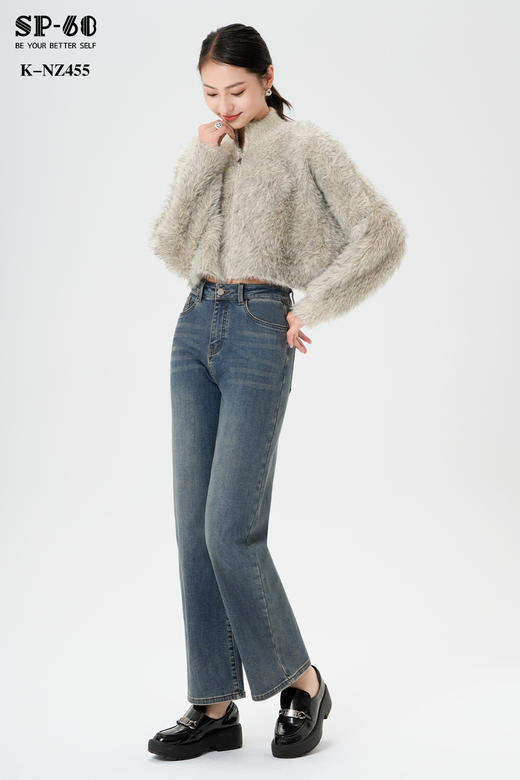 SP-68一粒扣加薄绒蓝色复古直筒牛仔裤K-NZ455 商品图5
