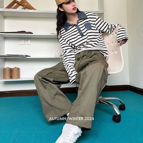 顺丰包邮22506洛诗琳美式复古撞色牛仔拼接条纹长袖T恤708