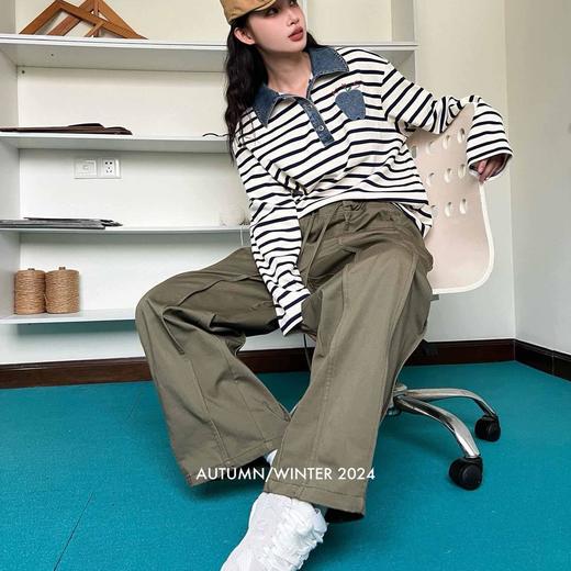 顺丰包邮22506洛诗琳美式复古撞色牛仔拼接条纹长袖T恤708 商品图0