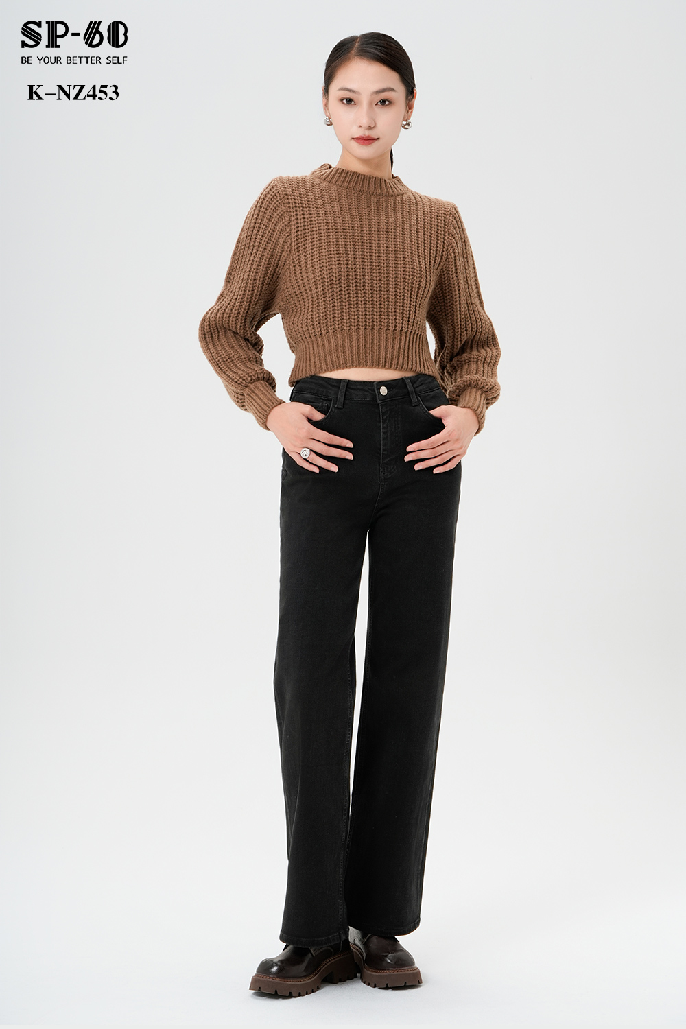 SP-68一粒扣加绒黑色阔腿裤牛仔裤K-NZ453