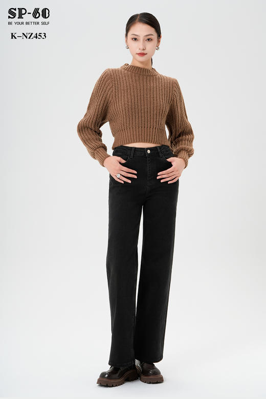 SP-68一粒扣加绒黑色阔腿裤牛仔裤K-NZ453 商品图0