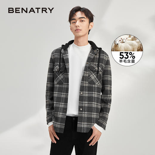 贝纳川格纹连帽衬衫式男士大衣外套ECY328003402 商品图0