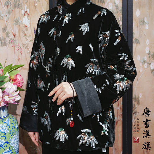 【花影如幻】秋冬丝绒黑色加棉新中式外套桑蚕丝羊驼绒棉服 商品图2