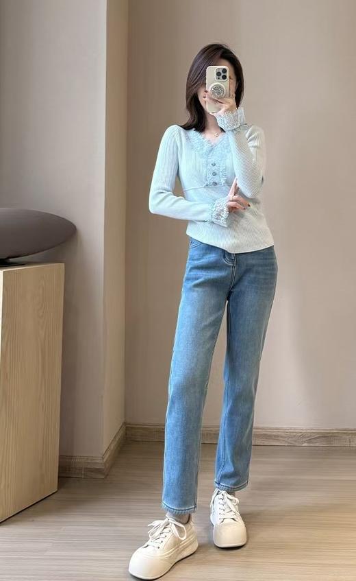 土耳其新款新色胶囊四面弹加绒烟管直筒牛仔裤 商品图5