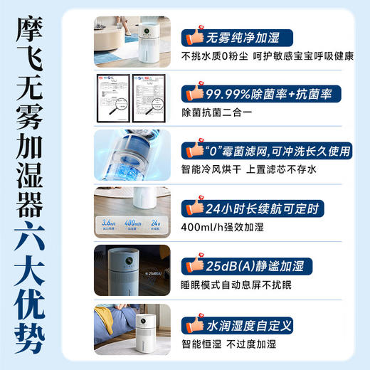 摩飞电器无雾加湿器卧室母婴儿大容量家用办公室空调房间静柔音智能除菌落地空气纯净型湿化一体机 MR2805 【99.99%除菌抗菌率/“0”霉菌滤网】 商品图2