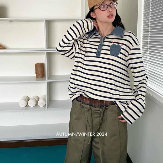 顺丰包邮22506洛诗琳美式复古撞色牛仔拼接条纹长袖T恤708 商品图1