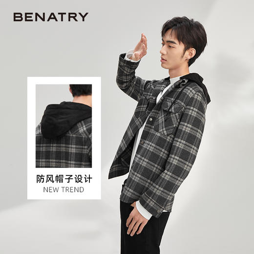 贝纳川格纹连帽衬衫式男士大衣外套ECY328003402 商品图1