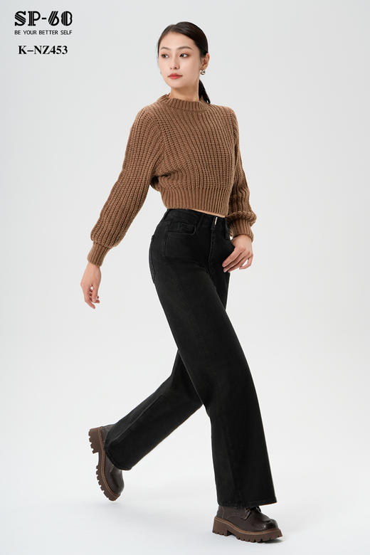 SP-68一粒扣加绒黑色阔腿裤牛仔裤K-NZ453 商品图1