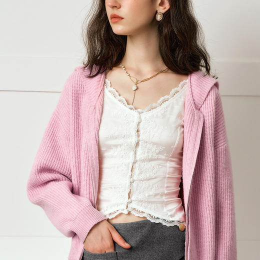 欧芮儿粉色连帽毛织开衫甜美温柔风 商品图3
