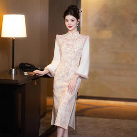 2024冬季新款加绒改良旗袍粉色拼接假两件日常气质旗袍