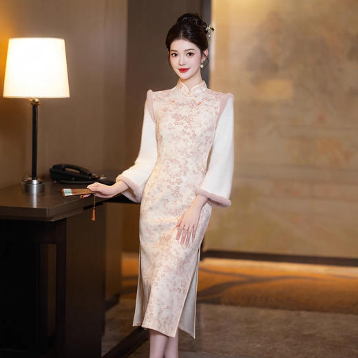 2024冬季新款加绒改良旗袍粉色拼接假两件日常气质旗袍 商品图0