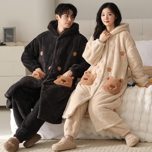 冬季情侣连帽睡袍套装 甜美可爱男女款珊瑚绒家居服保暖睡衣套装 商品图3