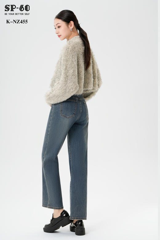 SP-68一粒扣加薄绒蓝色复古直筒牛仔裤K-NZ455 商品图2