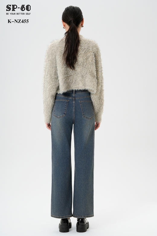 SP-68一粒扣加薄绒蓝色复古直筒牛仔裤K-NZ455 商品图4