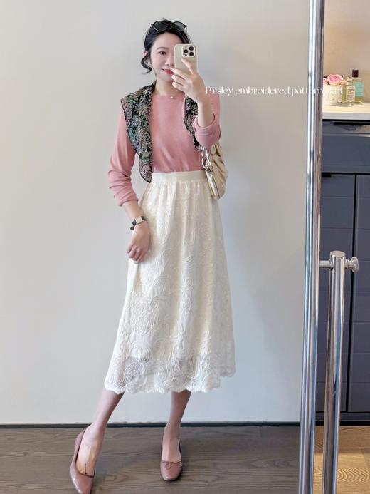 岛屿栀子 佩斯利图案精品绳绣工艺蕾丝半身裙 米杏色 商品图5