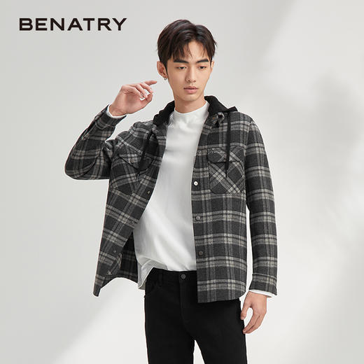 贝纳川格纹连帽衬衫式男士大衣外套ECY328003402 商品图4
