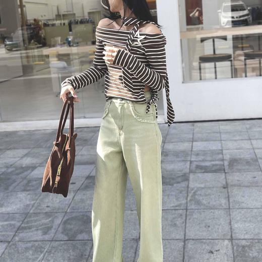 顺丰包邮33432洛诗琳色织定染复古毛边高腰直筒牛仔裤女480 商品图1