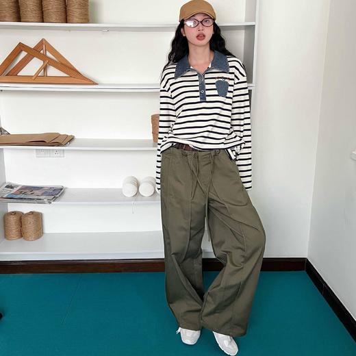 顺丰包邮22506洛诗琳美式复古撞色牛仔拼接条纹长袖T恤708 商品图2