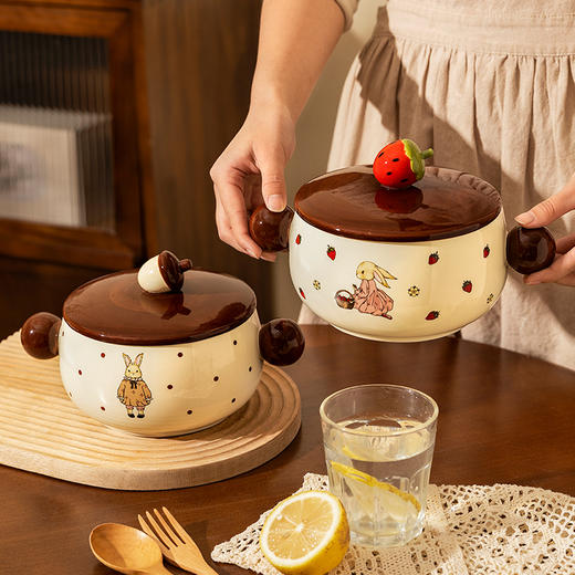 摩登主妇赫拉兔带盖泡面碗家用高颜值双耳陶瓷餐具泡面杯方便面碗 商品图0