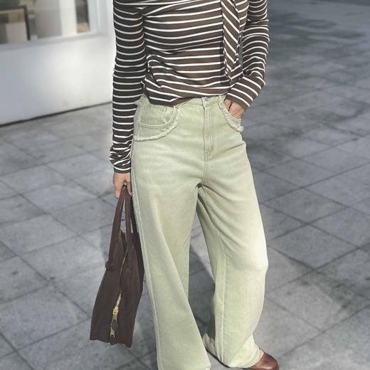 顺丰包邮33432洛诗琳色织定染复古毛边高腰直筒牛仔裤女480 商品图2