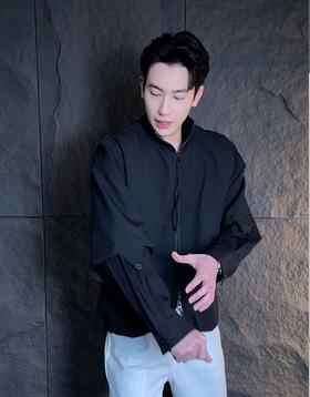 23528秋冬季新款时尚个性纯色假两件工装立领拉链开衫外套百搭情侣上衣