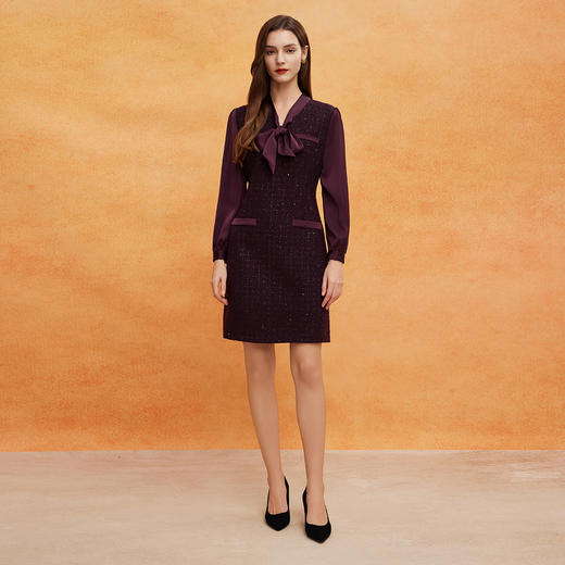 QE826斯尔丽25春季新款通勤时尚花纱小香风直身型领口飘带气质连衣裙 商品图3