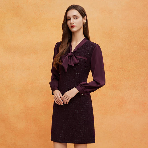 QE826斯尔丽25春季新款通勤时尚花纱小香风直身型领口飘带气质连衣裙 商品图2